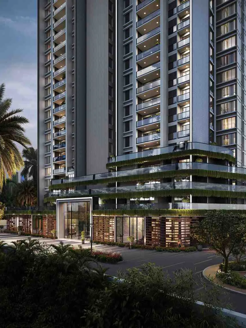 Aratt Ayatana Residences, artistic impression The tower’s planted podium terraces and glass entrance at dusk