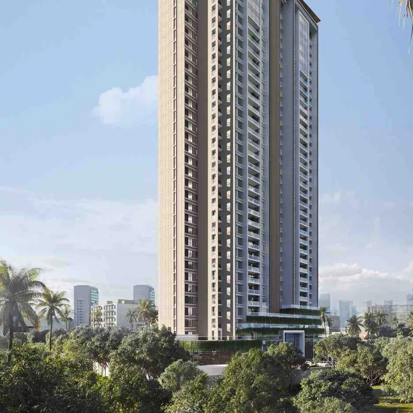 Aratt Ayatana Residences, artistic impression The tower among palms in daylight, its podium terraces planted with greens