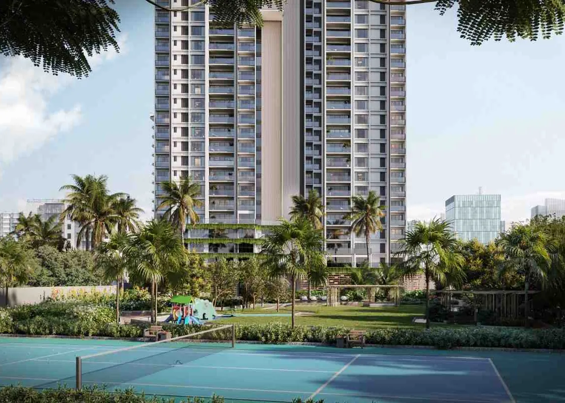 Aratt Ayatana Residences, artistic impression The Ayatana Residences tower rising behind a tennis court and palm gardens