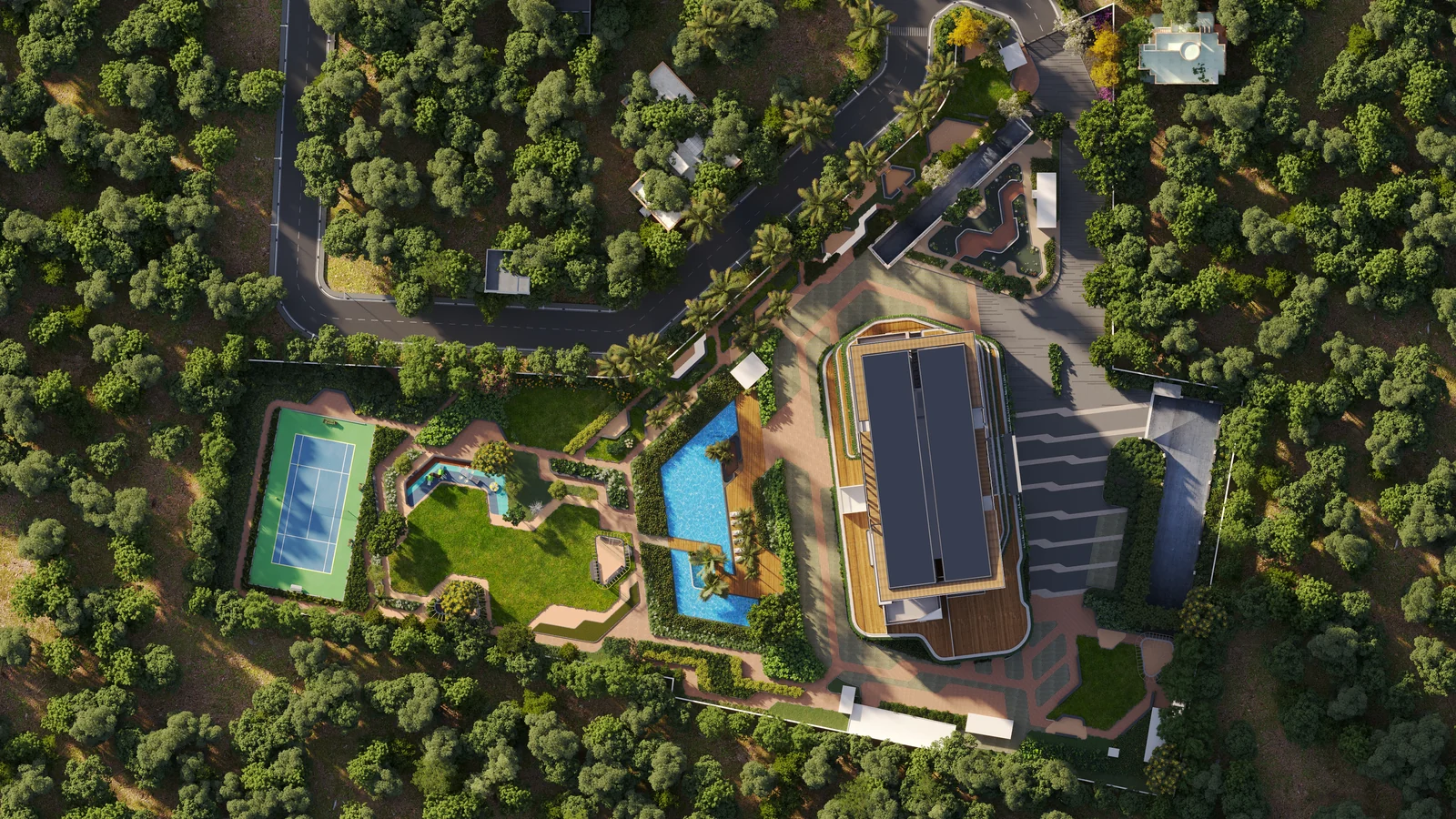 Aratt Ayatana Residences, master plan Aerial view of the Ayatana Residences site: the tower, the drop-off court, the pool, the lawns and a tennis court among trees