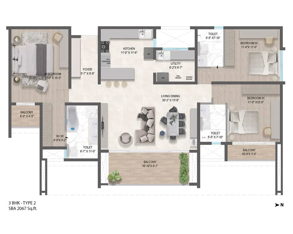 3 BHK floor plan with a foyer, a living and dining room, a kitchen and utility, three bedrooms with three toilets, a walk-in wardrobe and three balconies